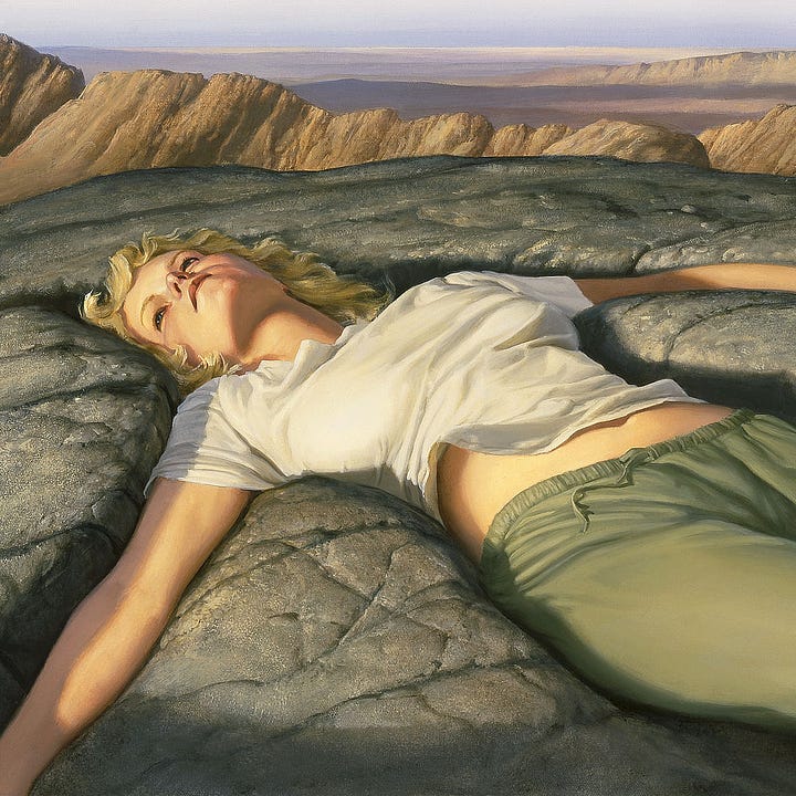 LEFT: Detail of a woman sunken into solid rock as she stares up at the sky. Her hair is wavy golden blonde. Her plain white t-shirt rides up to expose a hint of midriff. One knee is slightly raised, and a shadow falls across her thin, drab green sweatpants. RIGHT: Closer detail of the woman sunken into solid rock as she stares up at the sky.