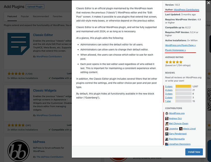 Screenshot of wordpress plugin reputation signals
