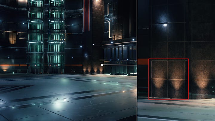 Comparison between the wall behind Tseng and a pillar in the Shinra building lobby.