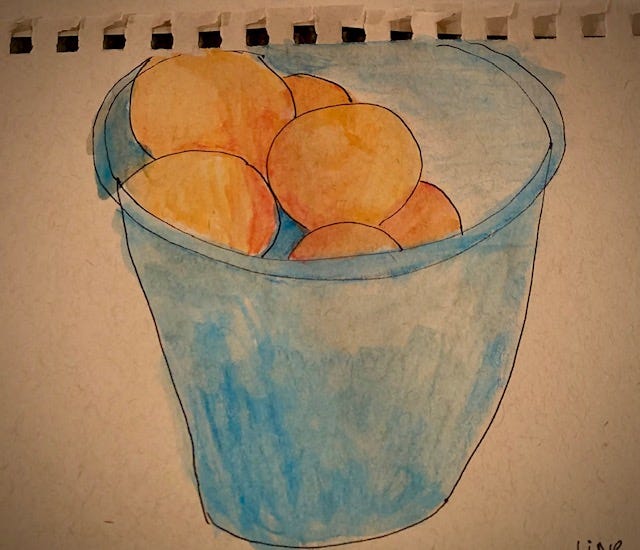 two photos, a bowl of oranges and vase of tulips, and a watercolor of the bowl of oranges