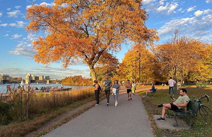 Pathway through riverfront park with orange, brown and red fall foliage on trees, view of city skyline from Boston park.