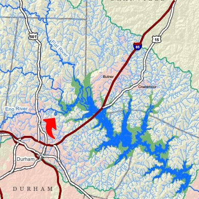 map showing Penny's Bend above Falls Lake, and photo of the river running past an outcrop of rock