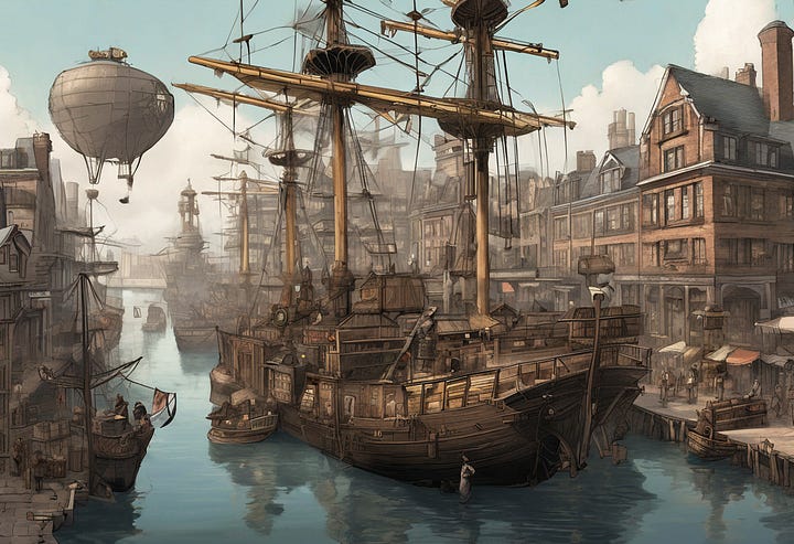 Steampunk Victorian docks by SDXL and Midjourney