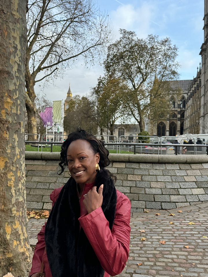 The images show the author, Bernette, at Buckingham Palace, with Big Ben in background, next to a red phone booth, and holding a cup of tea while seated. Photos are taken in London, England.