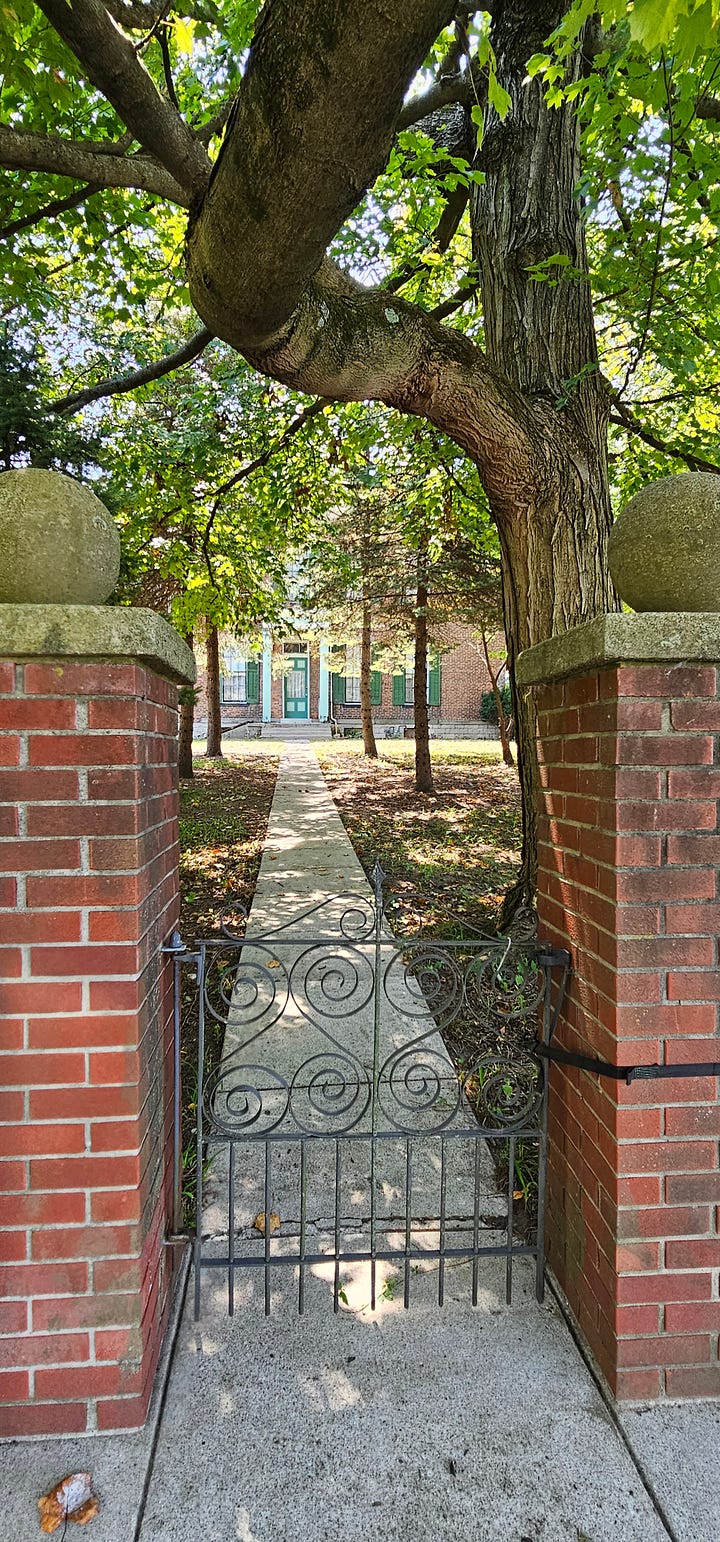 1) The bridge at a distance 2) the underside of the bridge 3) Hannah House 4 The gate and walk leading to the Hannah House Front door.