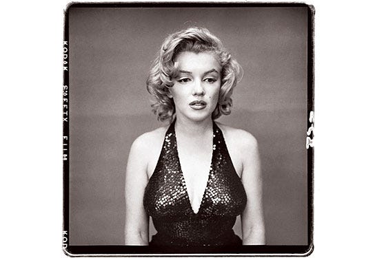 Two photographs of actress Marilyn Monroe, one in black and white by Richard Avedon the other in color by Eve Arnold.