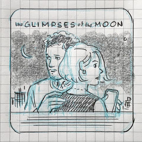 Hand drawn illustrations, sketched in shades of blue and gray. The images depict a woman and man with a crescent moon and city skyline in the background. The woman, facing to the left, holds a smartphone in her hand, while the man looks forward. Text below the figures reads “the GLIMPSES of the MOON” below that, in smaller print, “EDITH WHARTON.” 