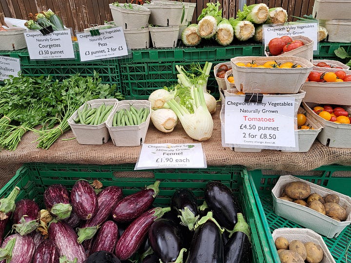 Notting Hill farmers market, cherries, sunflowers, currants, vegetables