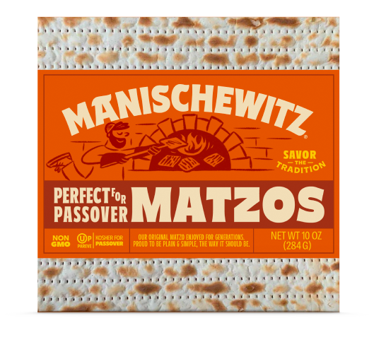 Four images from the Manischewitz rebrand. The first is a person holding a tote bag that says "Schlep" as well as "Manischewitz – great taste runs in the family since 1888." It has a bunch of people running and holding various Manischewitz products including matzah, matzah ball soup, and latkes. The second is a box of Matzo, featuring an orange label and a cartoon person putting matzo in a wood burning oven. The label says "Perfect for Passover Matzos." The next picture is of egg noodles, also with an orange label. And the final picture is of an orange box of black and white cookies, featuring two cartoon people lifting a cookie that is bigger than them. The brand label says "Manischewitz presents Mani'z" which... I guess they're trying to make that a thing? It says "made for noshing" which is gimicky but let's be real, very cute.