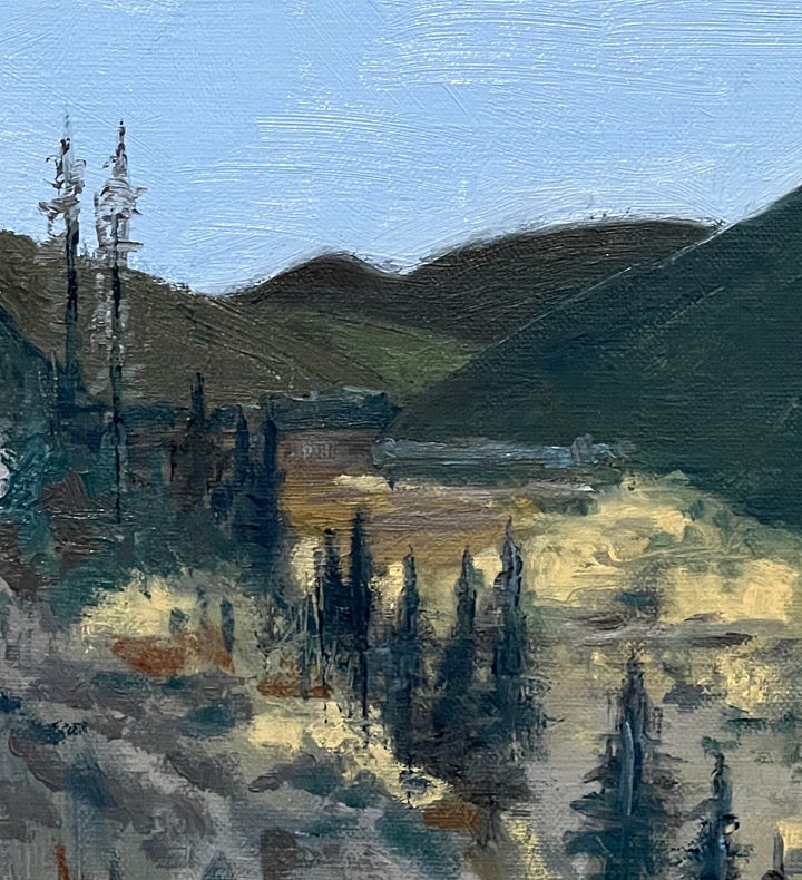 Seven images showing oil paintings of various landscapes in Maine, Vermont, Idaho, Massachusetts, and Spain. 