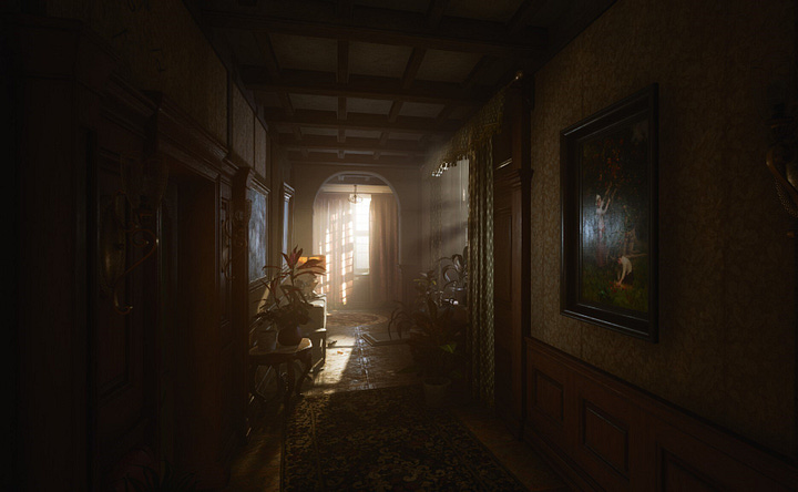 A screenshot of Layers of Fear (2023) showing a hallway in darkness; A screenshot of Layers of Fear (2023) showing a hallway in light; A screenshot of Layers of Fear 2 (2023) showing a hallway of the ship in darkness; A screenshot of Layers of Fear (2023) showing a highly deformed hallway in darkness, lit by warped lanterns;