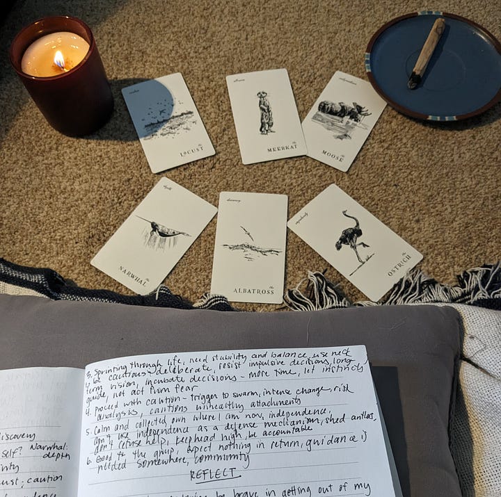 left, journaling with oracle cards and candle. Left, burning paper on the beach at sunset.