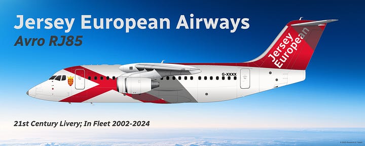 Jersey European Airways passenger fleet at end of 2002: 1) Avro RJ85, 2) ATR 72, 3) ATR 42, and 4) Dornier 228 - all seen in current livery, all shown in side view.