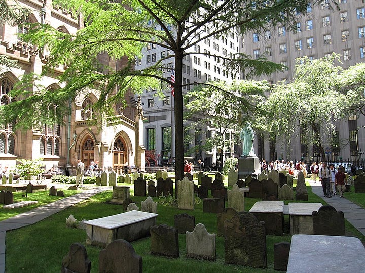 LEFT: Père Lachaise Cemetery in Paris. RIGHT: Trinity Church Cemetery in New York City.
