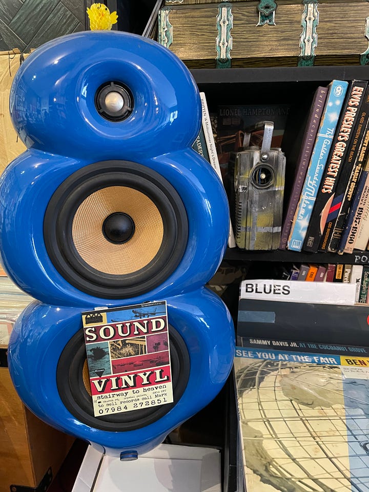 B&W 'Blue Room' speakers on long-term loan from The Orb's Alex Paterson, and a sign that every vinyl lover would probably love in their home