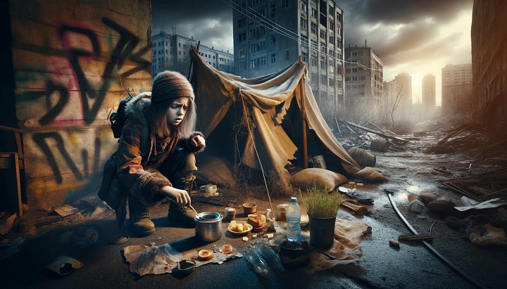 A photographic depiction of a young girl scavenging for food in a desolate urban landscape, wearing tattered clothes, with a determined expression. She is near a makeshift shelter made of scrap materials. Background includes crumbling buildings, graffiti, and a cloudy sky. Lighting emphasizes the contrast between shadows and the girl's face. Created Using: high-resolution camera, urban decay style, low-angle shot, HDR, dramatic lighting, realistic textures, post-apocalyptic atmosphere, grunge aesthetic, environmental storytelling, vivid details, expressive composition, strong emotional impact, muted color palette, intricate background details; /imagine prompt:A painting of a group of children huddled around a small fire in a rundown rural village, sharing a single loaf of bread. They wear patched clothes, and their faces show a mix of hunger and hope. Background includes dilapidated huts, a dirt road, and distant mountains under a twilight sky. Lighting highlights the warm glow of the fire. Created Using: oil painting techniques, rustic textures, chiaroscuro, impressionistic brushstrokes, soft focus, detailed expressions, narrative composition, evocative storytelling, warm and cool color contrasts, depth of field, serene atmosphere, naturalistic details; A digital illustration of an elderly man and a young boy fishing in a polluted river, both looking hopeful despite their surroundings. The man has a weathered face and is wearing a worn-out hat, while the boy wears oversized clothes. Background includes a dilapidated bridge, trash in the water, and distant factories under a hazy sky. Lighting captures the dim sunlight filtering through smog. Created Using: digital painting techniques, environmental storytelling, realistic details, soft color palette, atmospheric perspective, expressive characters, dynamic lighting, urban decay, hopeful tones, intricate water reflections, emotive composition; A charcoal drawing of a family gathered around a small garden plot, planting seeds with hopeful expressions. They wear simple, worn clothes. Background includes a rundown house, a few scattered tools, and a distant city skyline under a setting sun. Lighting highlights the warm hues of the sunset. Created Using: charcoal drawing techniques, expressive lines, detailed shading, realistic textures, hopeful atmosphere, narrative composition, contrasting light and shadow, intricate details, rustic charm, emotive storytelling, serene and hopeful tones