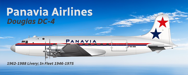 Panavia Douglas DC-4 in 1946-1962 livery (L) and 1962-1975 livery (r), both shown in side view. 