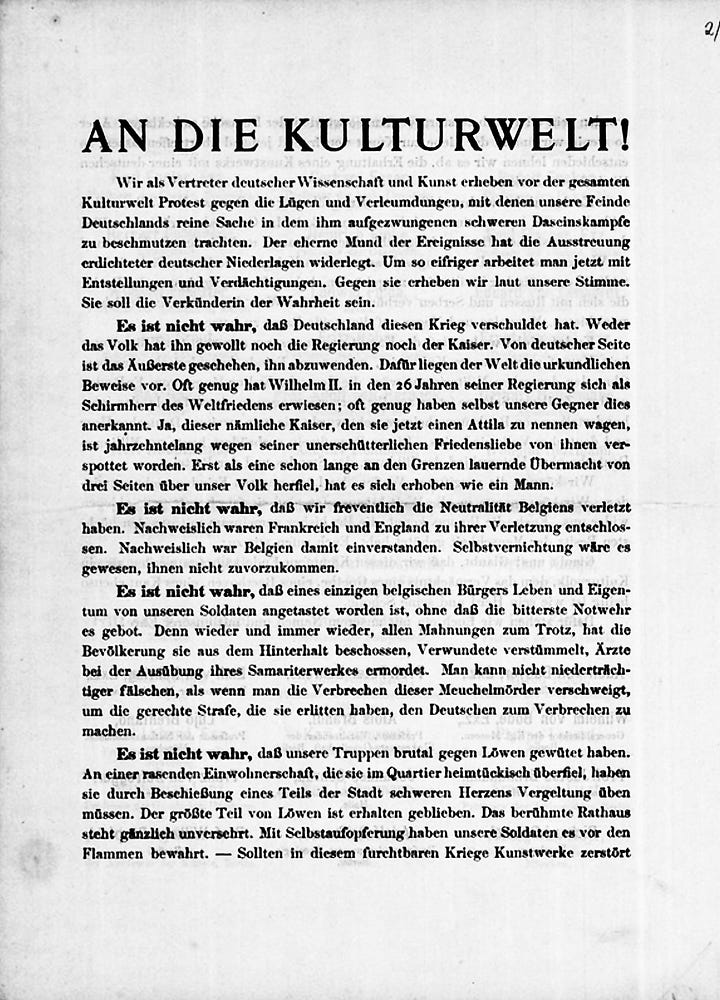 Left: Aufruf der 93 (‘Appeal of the 93') as published in the Berliner Tageblatt on October 4th 1914 (Thüringer Universitäts- und Landesbibliothek Jena. Right: Ludwig Fulda