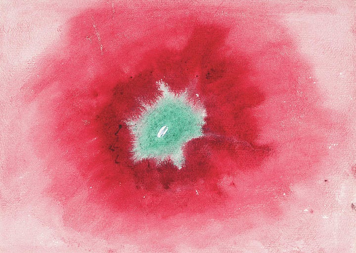 Abstract watercolors; pink, red, blue, black; spirals, circles, crosses