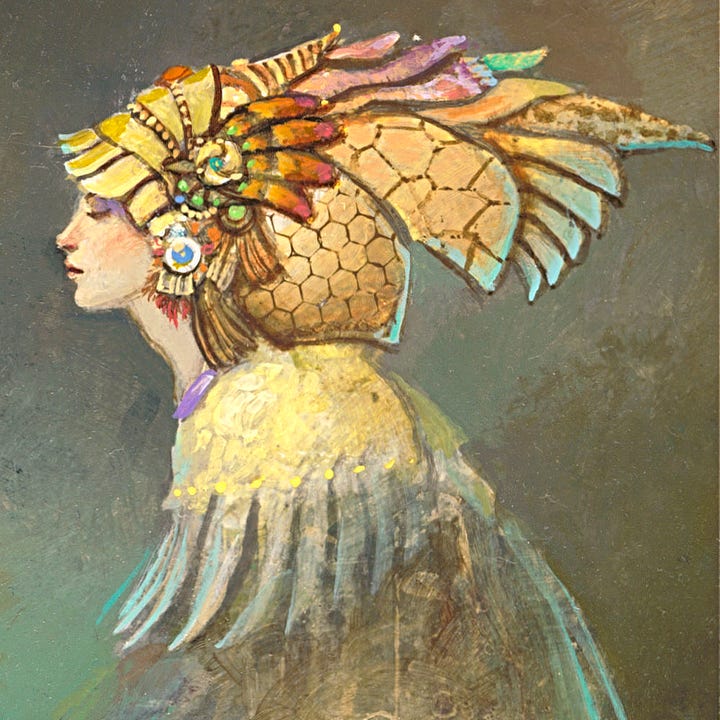 LEFT: Work in progress photo of A DREAM OF SPRING that shows a female face in profile and the roughedd in shape of the headdress. The rest of the surface is a mess of paint patterns with greens prominently showing at the bottom. RIGHT: Detail from A DREAM OF SPRING featuring an odd mix of elements that make up the ornate headdress including a visor-shaped front piece resting on her forehead, a blue pendant where an earring would be, burnt orange feathers, a honeycombed dome, and flowing stripes of fabric that lead to a horned point.