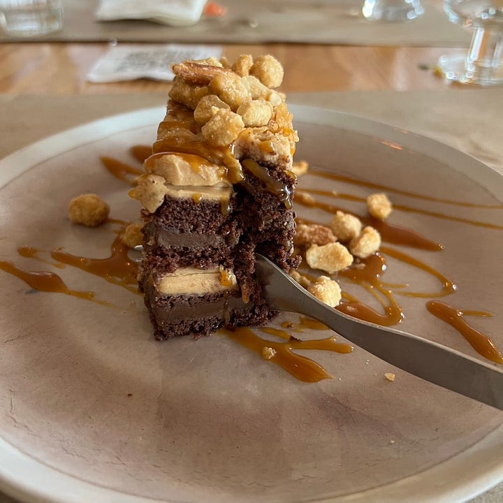 Portobello mushroom burger and a slice of vegan chocolatae cake with salted caramel peanut butter