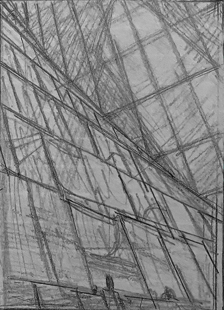 LEFT: Alternative approach to SUBTERRANEANS. Black and white charcoal on charcoal paper, 6" x 4". A straight-on view of the stepped wall with a solitary figure standing lower right. RIGHT: Sketch for SUBTERRANEANS. Graphite pencil on notebook paper, 2¼" x 2". Sketch of massive stepped wall working out the perspective