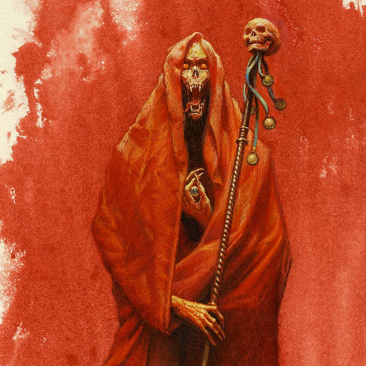 LEFT: Detail from LORD OF DISCORDIA featuring a horrific figure rapped in Crimson holding a skull topped staff in one hand and an eyeball in the other. RIGHT: Album cover for HELL UNLEASHED by Evile, distributed by Napalm Records