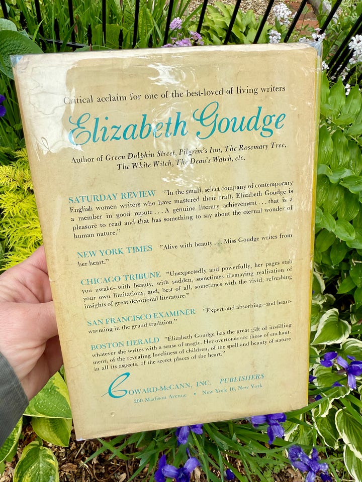 The spine and back of the dust jack of the US edition of The Scent of Water by Elizabeth Goudge