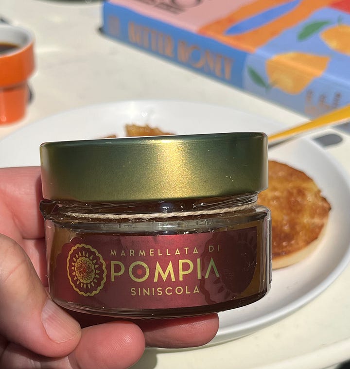 Pictures of Sardinian farmers holding a pompìa fruit, jars of the fruits marmalade, and a breakfast table with toast and a jar of pompìa