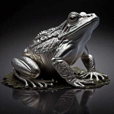 Two sitting shiny metal frogs generated by Midjourney