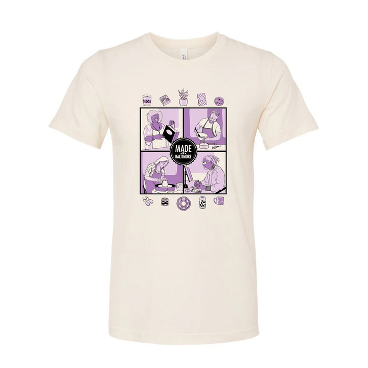 A white tshirt and a white sticker both featuring a purple and black design with 4 people and products made in Baltimore.