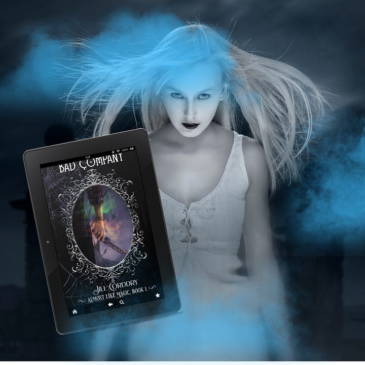 Image one: in the upper left. A ghostly woman wearing a white bodice stares menacingly. She's surrounded by blue mist. The kindle edition of Bad Company floats in front of her. Image two, in the upper right. A blue background with a dew-covered spider web. The kindle edition of Bad Company is "caught" in the web. Image three in the lower right. A caucasian hand is outstretched, as seen from the POV as if it's your hand reaching out. Gold and silver bubbles and glitter surround the hand, which is holding the kindle edition of Bad Company. Image four, in the lower left. A gray background with the silhouette of a clawed human-ish hand reaching from the middle left toward the middle right. It's reaching for the kindle edition of Bad Company.