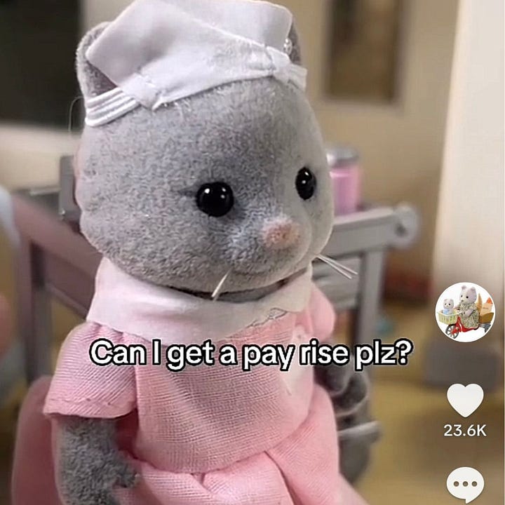 Screenshots from Sylvanian Drama. The grey cat asks "can I get a pay rise plz?" The white bunny replies "no just stop buying almond croissants."