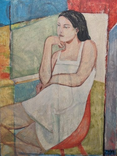 Photos of two paintings, both feature women seated, and in thought. The one of the left, "Rebecca," is seated next to a window. The one on the right, "New Roommate," also shows a seated woman against an abstract background. 