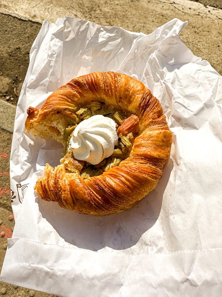 A whole-grain rhubarb and streusel pastry from biokaiser (Mainz), Rhubarberschnecken from Zeit fur Brot (Heidelberg), Rhubarb shortbread thing from liesbeth (Mainz), and a Rhubarb danish from Pâtisserie Charles Schmitt (Colmar)