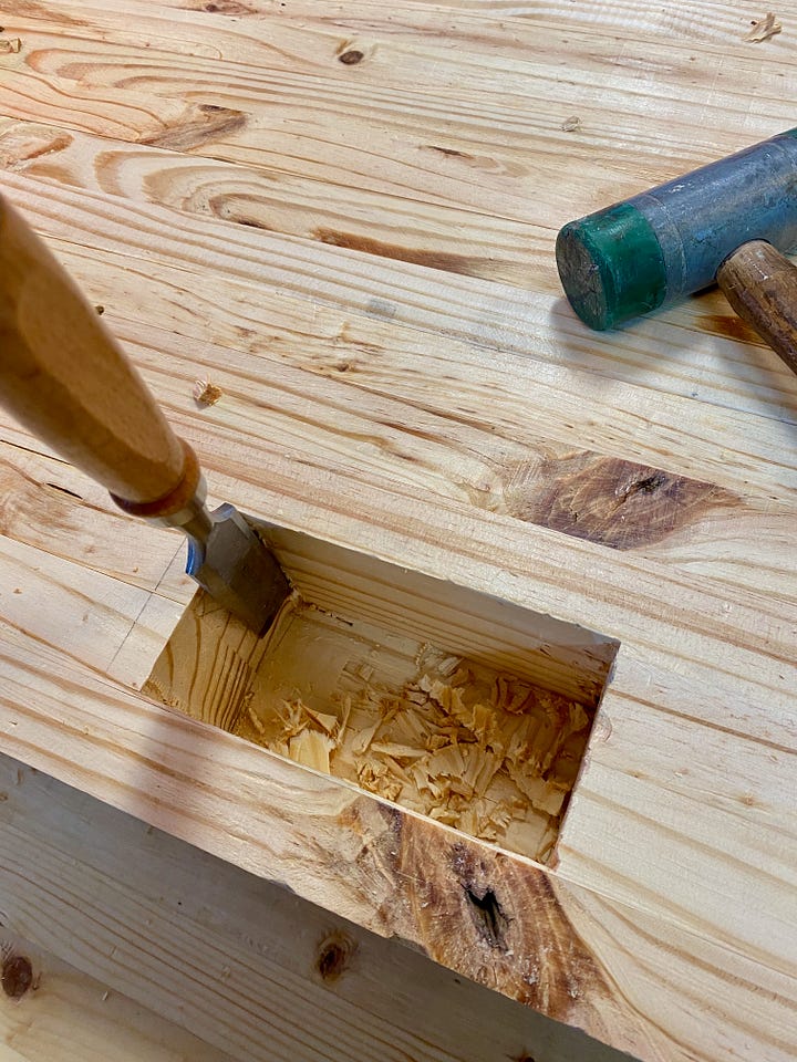 Handplane working a slab of wood; routing a mortise.