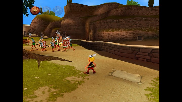 Two screenshots designed to show the new remastered graphics and the "retro" version which can be toggled on or off. Asterix faces some Roman soldiers in a hilly landscape.