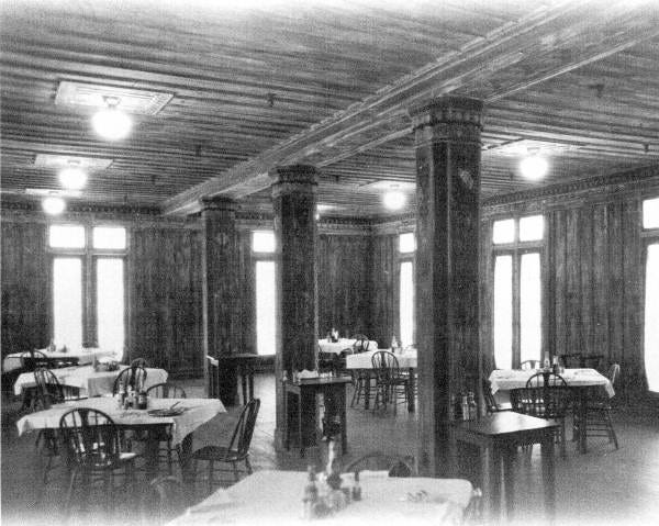 Two photographs of the dining room, a century apart.