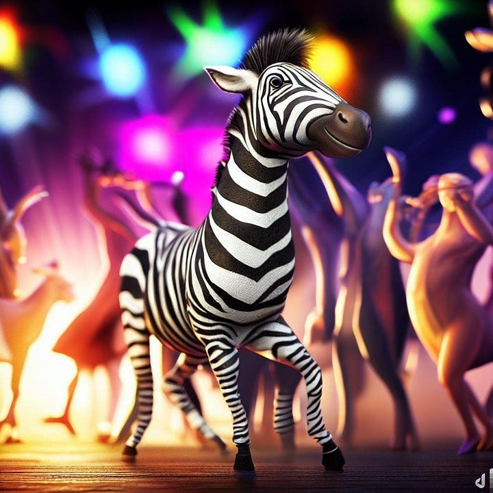 one zebra having fun at a party, another zebra being sad in the middle of the dancefloor