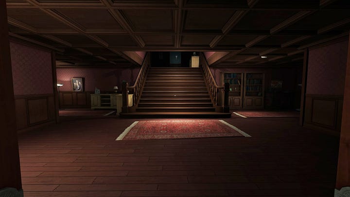 A screenshot from Gone Home showing a living room in shadows (2013); A screenshot from Gone Home (2013) showing a hallway and a staircase;