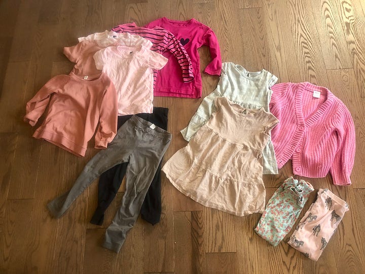 Outfits for 4 year old and 2 year old, including long and short sleeve shirts, cardigans, pants, dresses, and pajamas