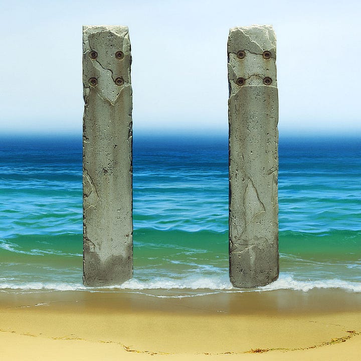 LEFT: Detail from EBB featuring two weathered stone pillars at water's edge. The concrete at the base is saturated and drying unevenly now that the tide is receding. The top of each pylon is marred with four uniform holes weeping with rust. Cracks in the concrete connect two of the holes on a wavy diagonal. The top of each stone weathered unevenly and lighter in color catching illumination from the sun. RIGHT: Detail of water pouring through channels cut into a wide stone wall. Each channel is a tall rectangle cut through the stone, offering a view to the ocean. Like raised veins in the concrete, seams from when the structure was poured straddle each opening. Where the seams bisect between openings, a concentric hole sits in the adjacent corners of the grid formed, weeping in trails of rust.