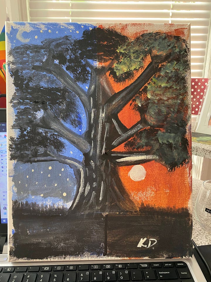 Left: A painting of the San Francisco skyline and Bay Bridge. Right: A painting of a tree against a split night and sunrise background.