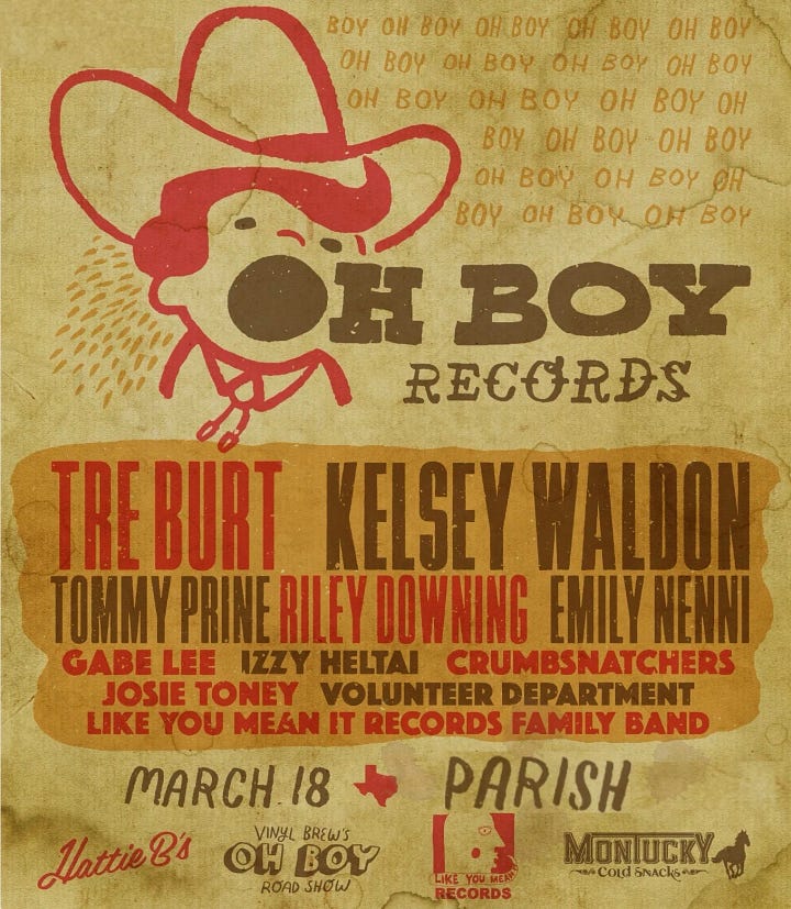 The unofficial SXSW Oh Boy! Records x Like You Mean It Records Showcase posters.