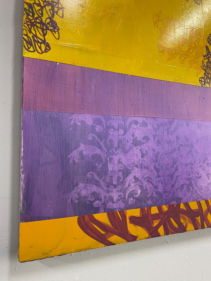 Images of the new, mostly yellow and purple painting with glyphs titled, Soft Poem: Summer Juice.