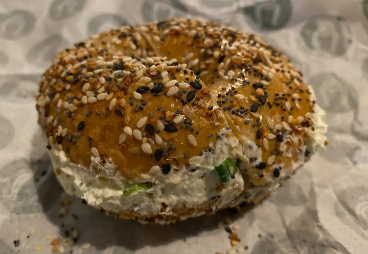 Everything bagels with scallion cream cheese from Howdy Bagel.
