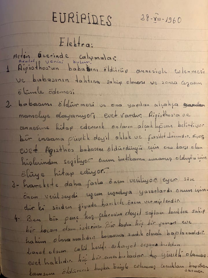 Kral Oidipus ve Elektra üzerine 1960 tarihli el yazısı edebiyat notları.
