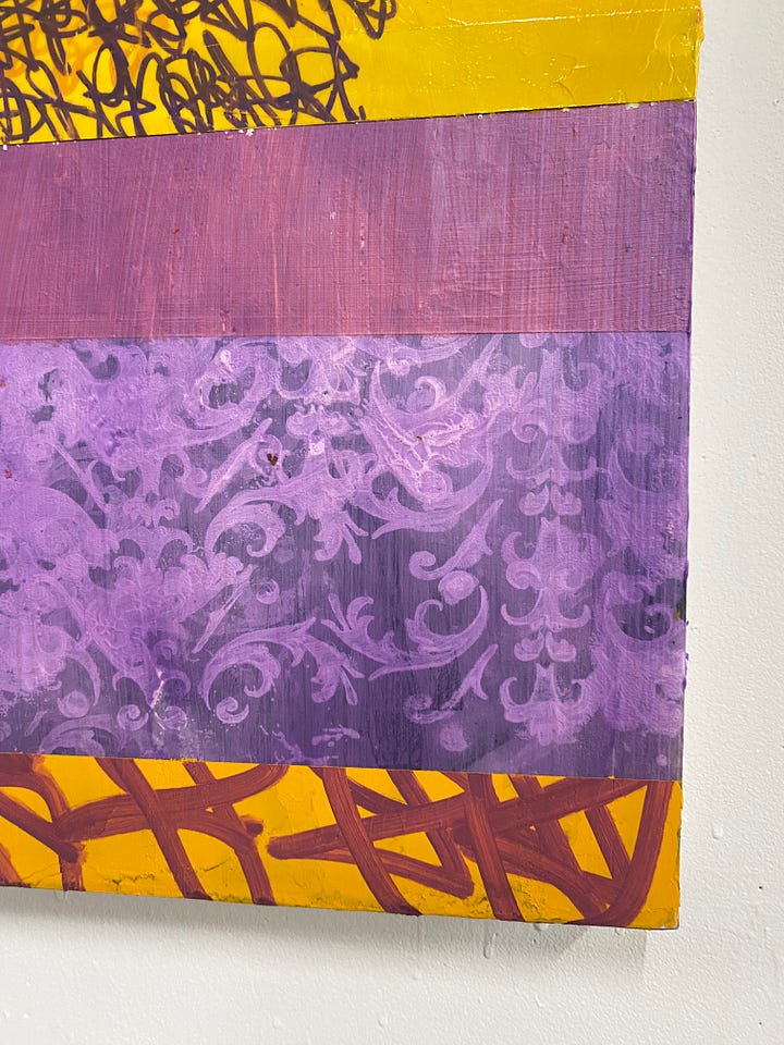 Images of the new, mostly yellow and purple painting with glyphs titled, Soft Poem: Summer Juice.