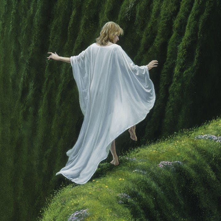 LEFT: Detail from EDGEDANCER featuring the woman in white linen shawl with the high grassy ridge winding in front of her until it fades in the hazy distance.  RIGHT: Close detail from EDGEDANCER of a woman with shoulder length blonde hair wearing a white linen shawl. Her arms are out for balance as she high steps along a high grassy ridge.