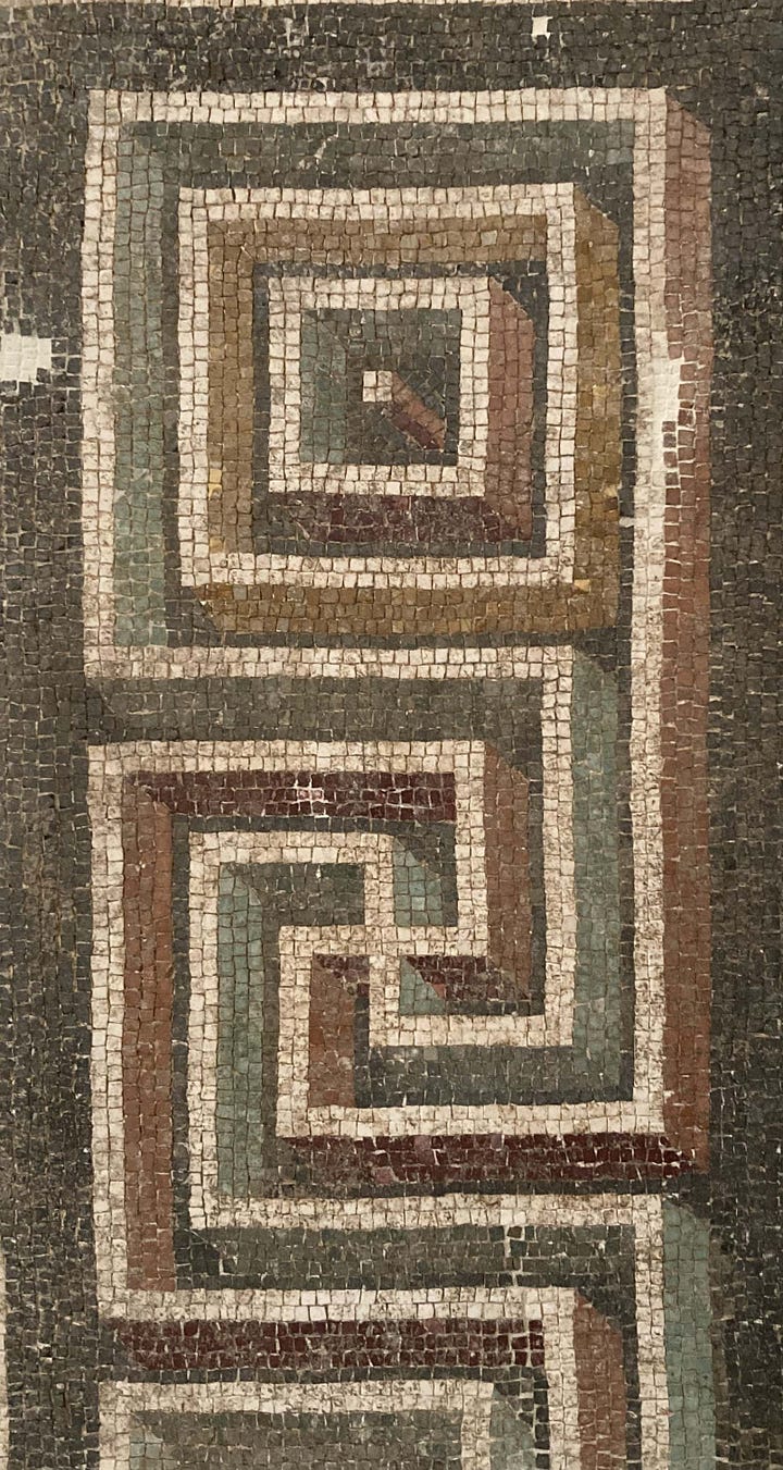 The first mosaic shows four horses with their handlers, the second three female figures and the other two show 3-D illusions